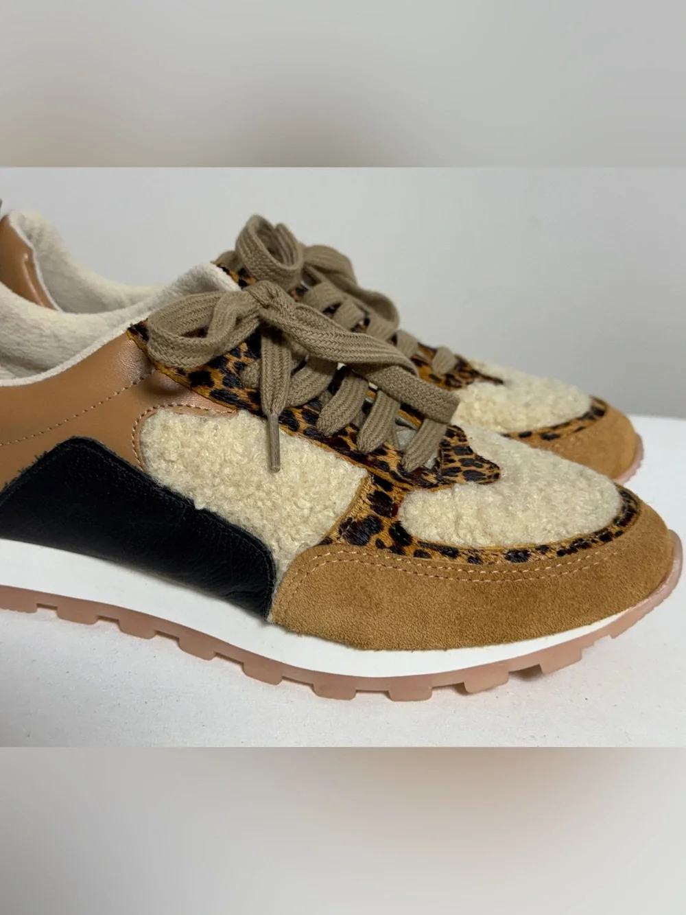 Yosi Samra Paige Tan Leather Sherpa Leopard Mix Crossover Sneakers